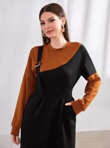 Mulvari Colourblock Drop Shoulder Buckle Strap Decor Split Hem Sweatshirt Dress - Black - View 3