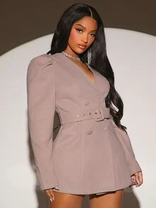 SHEIN SXY 羊腿袖雙排釦腰帶外套