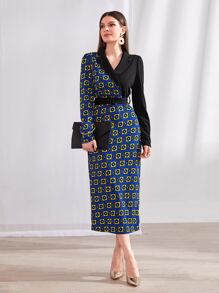 Modelyn 幾何印花西裝領泡泡袖繫腰帶連衣裙 - 彩色 - 查看 1