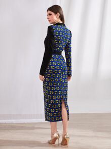 Modelyn 幾何印花西裝領泡泡袖繫腰帶連衣裙 - 彩色 - 查看 2