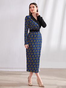 Modelyn 幾何印花西裝領泡泡袖繫腰帶連衣裙 - 彩色 - 查看 3