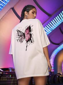 SHEIN Unity 蝴蝶圖案寬鬆T恤 - 白色 - 查看 3