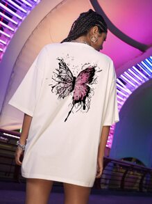 SHEIN Unity 蝴蝶圖案寬鬆T恤 - 白色 - 查看 5