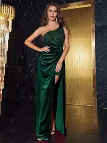 YISIKADO One Shoulder Sequin Panel Wrap Velvet Dress - Dark Green - View 1