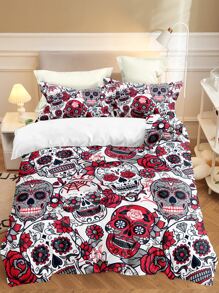 Floral & Skull Pattern Duvet Cover Set Without Filler - Multicolor - View 1