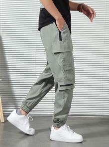 Manfinity Hombres Pantalones cargo con bolsillo con solapa de cintura con cordón - Verde militar - Ver 1