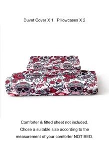 Floral & Skull Pattern Duvet Cover Set Without Filler - Multicolor - View 3