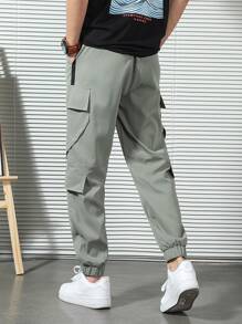 Manfinity Hombres Pantalones cargo con bolsillo con solapa de cintura con cordón - Verde militar - Ver 2