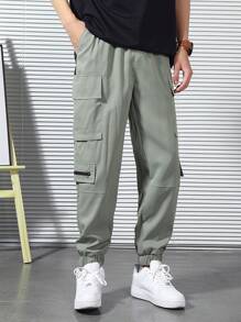 Manfinity Hombres Pantalones cargo con bolsillo con solapa de cintura con cordón - Verde militar - Ver 4