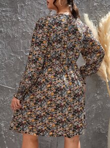 Plus Floral Print Lantern Sleeve Dress - Multicolor - View 2