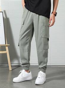 Manfinity Hombres Pantalones cargo con bolsillo con solapa de cintura con cordón - Verde militar - Ver 5