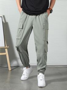 Manfinity Hombres Pantalones cargo con bolsillo con solapa de cintura con cordón - Verde militar - Ver 6