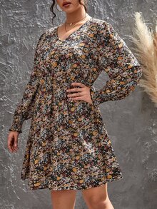 Plus Floral Print Lantern Sleeve Dress - Multicolor - View 3