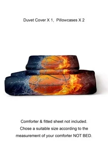 Basketball & Flame Print Duvet Cover Set Without Filler - Multicolor - View 5