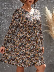 Plus Floral Print Lantern Sleeve Dress - Multicolor - View 4
