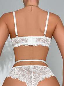 Classic Sexy 4 piezas Set de lencería con encaje floral con abertura con diseño de diamante de imitación con aro - Blanco - Ver 2