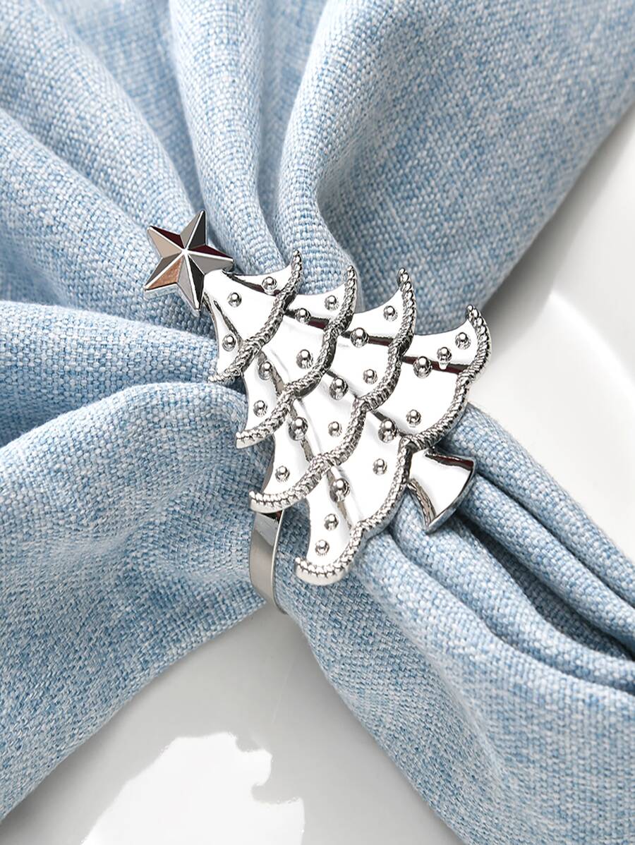 4pcs Tree Decor Napkin Ring, Silver Zinc Alloy Napkin Buckle For Dining Table - Silver - View 1