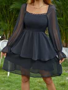 SHEIN VCAY Square Neck Shirred Detail Dress - Black - View 3