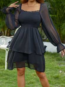 SHEIN VCAY Square Neck Shirred Detail Dress - Black - View 5