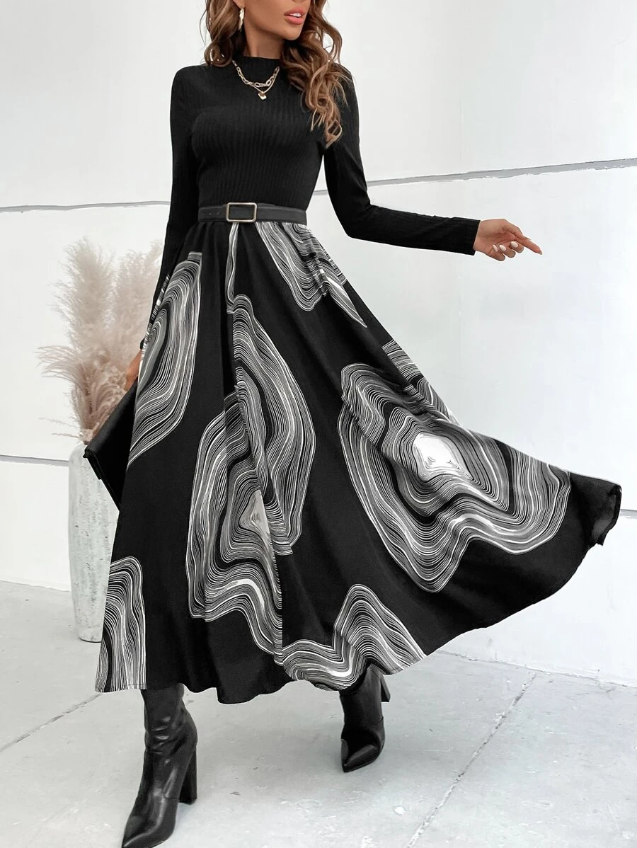 SHEIN Clasi Vestido largo de línea A con estampado gráfico sin cinturón para mujer - Negro - Ver 1