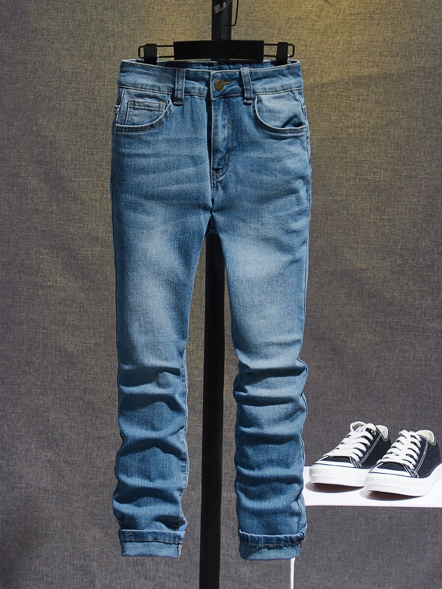 SHEIN Tween Boy Cat Whisker Bleach Wash Jeans - Medium Wash - View 1
