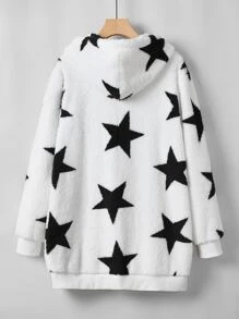 SHEIN LUNE 大碼星星圖案連帽法蘭絨外套 - 白色 - 查看 2