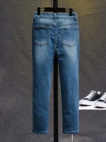 SHEIN Tween Boy Cat Whisker Bleach Wash Jeans - Medium Wash - View 6