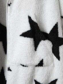 SHEIN LUNE 大碼星星圖案連帽法蘭絨外套 - 白色 - 查看 4