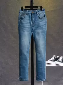 SHEIN Tween Boy Cat Whisker Bleach Wash Jeans - Medium Wash - View 2