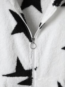 SHEIN LUNE 大碼星星圖案連帽法蘭絨外套 - 白色 - 查看 5