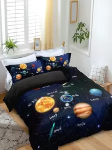 Planet & Letter Graphic Duvet Cover Set Without Filler - Multicolor - View 2