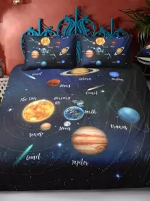 Planet & Letter Graphic Duvet Cover Set Without Filler - Multicolor - View 7