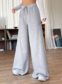 SHEIN EZwear Drawstring Waist Wide Leg Joggers - Light Grey - View 4