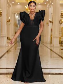 YISIKADO Plus Plunge Neck Butterfly Sleeve Dress - Black - View 1