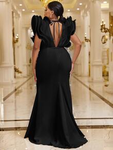 YISIKADO Plus Plunge Neck Butterfly Sleeve Dress - Black - View 2