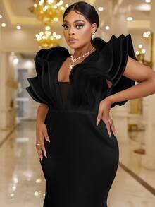 YISIKADO Plus Plunge Neck Butterfly Sleeve Dress - Black - View 3