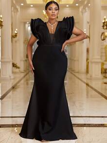 YISIKADO Plus Plunge Neck Butterfly Sleeve Dress - Black - View 4