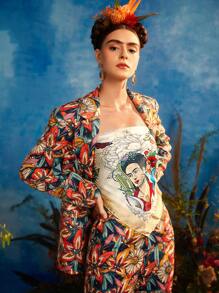 Frida Kahlo X SHEIN 花卉與圖案圍巾,優雅風格 - 彩色 - 查看 5