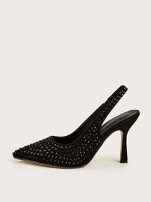 Rhinestone Decor Point Toe Heeled Faux Suede Slingback Pumps, Women's High Heel Solid Color Party Shoes With Diamond Decoration And Back Strap