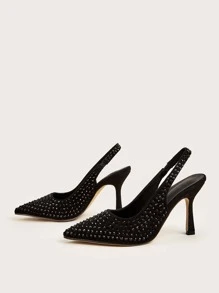 Rhinestone Decor Point Toe Heeled Faux Suede Slingback Pumps, Women's High Heel Solid Color Party Shoes With Diamond Decoration And Back Strap