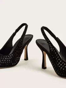 Rhinestone Decor Point Toe Heeled Faux Suede Slingback Pumps, Women's High Heel Solid Color Party Shoes With Diamond Decoration And Back Strap