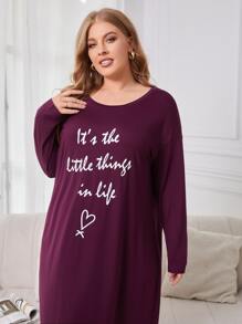Plus Slogan Graphic Nightdress - Purple - View 3