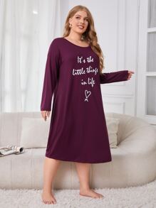 Plus Slogan Graphic Nightdress - Purple - View 4
