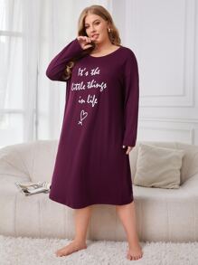 Plus Slogan Graphic Nightdress - Purple - View 5