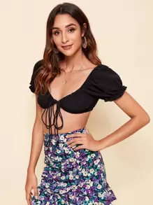 SHEIN VCAY Áo nữ viền lá sen màu trơn màu đen Boho - màu đen - Xem 5