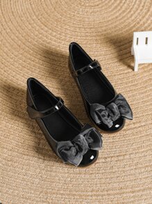 Girls Bow Decor Mary Jane Flats - Black - View 1
