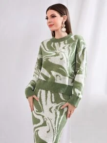 Modelyn Graphic Pattern Drop Shoulder Jumper & Knit Skirt - Multicolor - View 5