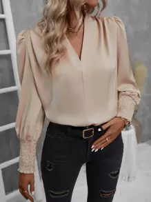 SHEIN Clasi Puff Sleeve Ruched Blouse - Apricot - View 1