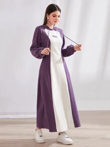 Mulvari Letter Graphic Drop Shoulder Drawstring Hoodie Dress - Purple - View 1