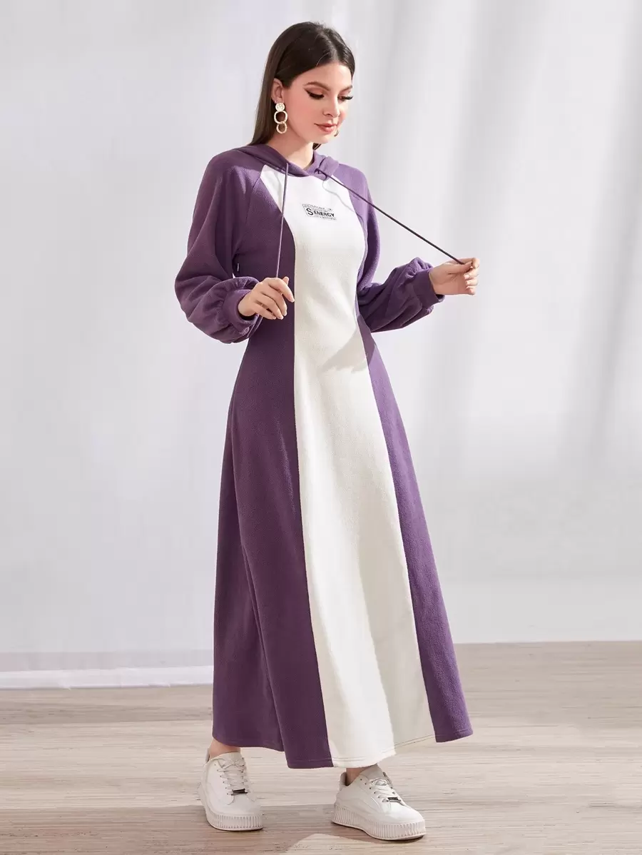 Mulvari Letter Graphic Drop Shoulder Drawstring Hoodie Dress - Purple - View 1